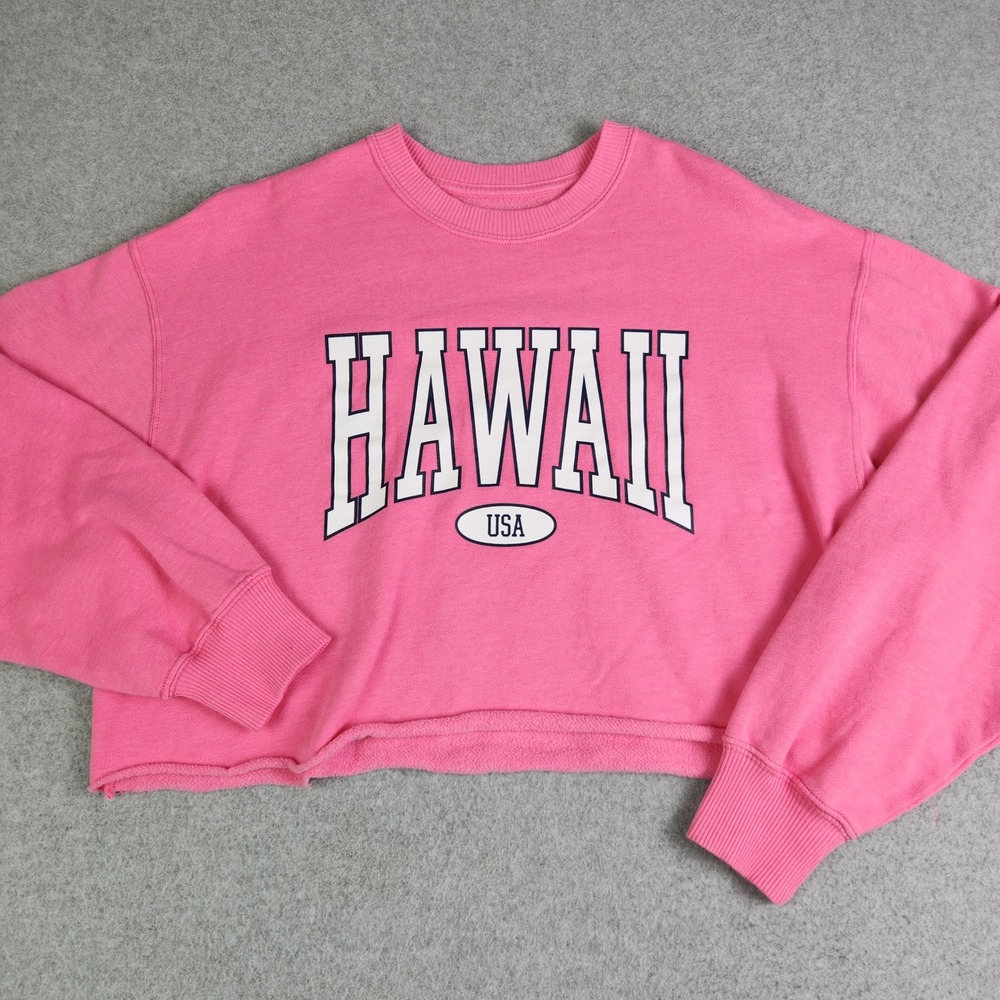 Hollister Hawaii USA Cropped Sweatshirt Womens Small Pink Graphic Fleece Lined
